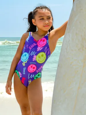 Smiley Face One Piece Printed Swimsuit