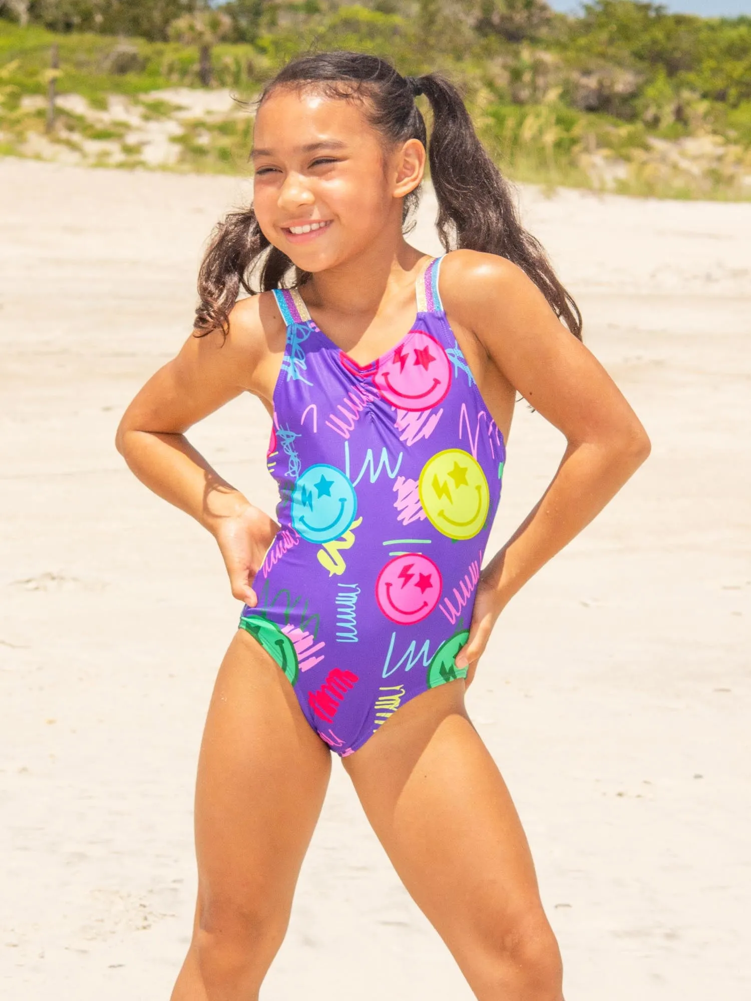 Smiley Face One Piece Printed Swimsuit