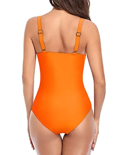 Soft Tummy Control Shirred Pattern Design One Piece Swimsuits-Orange