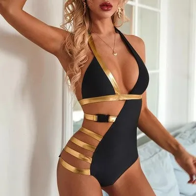 Solid Color Bronzing Split One-Piece Swimsuit