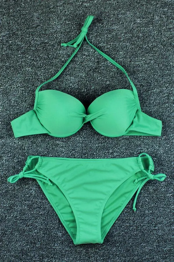 Solid Color Halter Collar Tie Side Glamorous Bikini