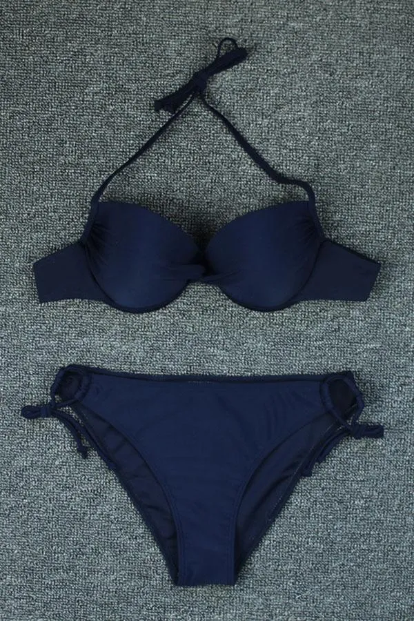 Solid Color Halter Collar Tie Side Glamorous Bikini
