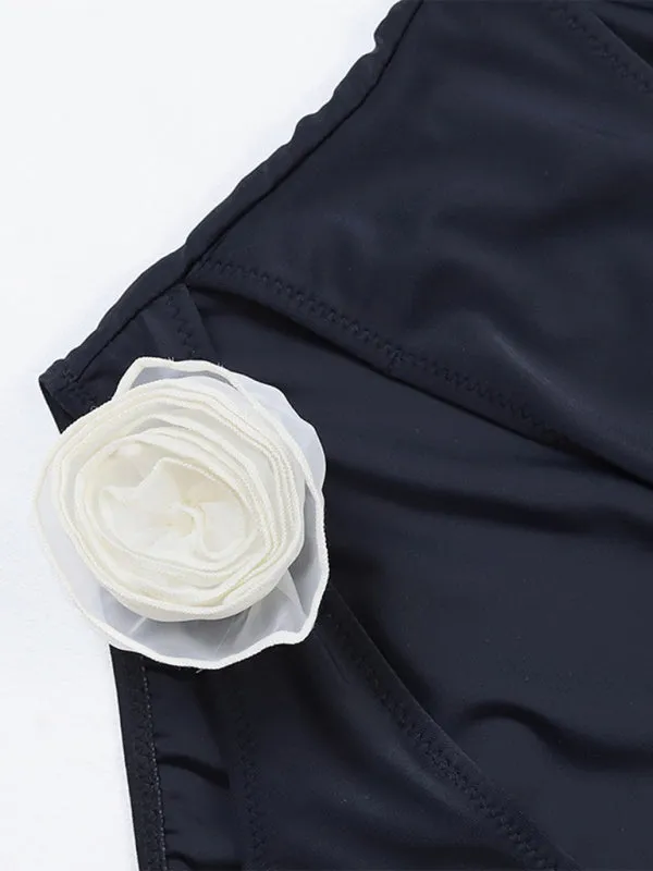 Solid One-Piece Strapless Swimsuit | Wireless Cutout Swimwear with Flower Applique
