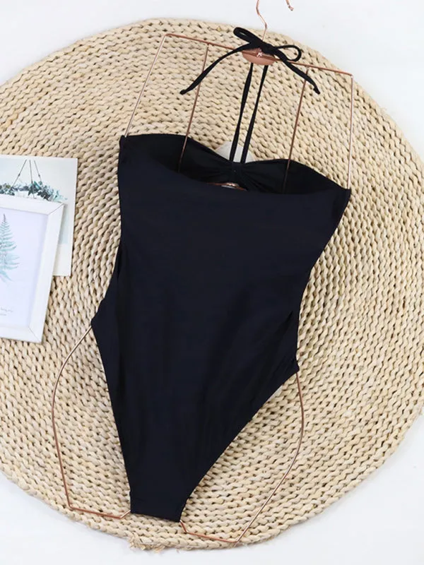 Solid One-Piece Strapless Swimsuit | Wireless Cutout Swimwear with Flower Applique