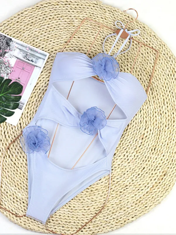 Solid One-Piece Strapless Swimsuit | Wireless Cutout Swimwear with Flower Applique