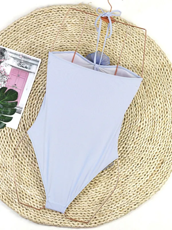 Solid One-Piece Strapless Swimsuit | Wireless Cutout Swimwear with Flower Applique