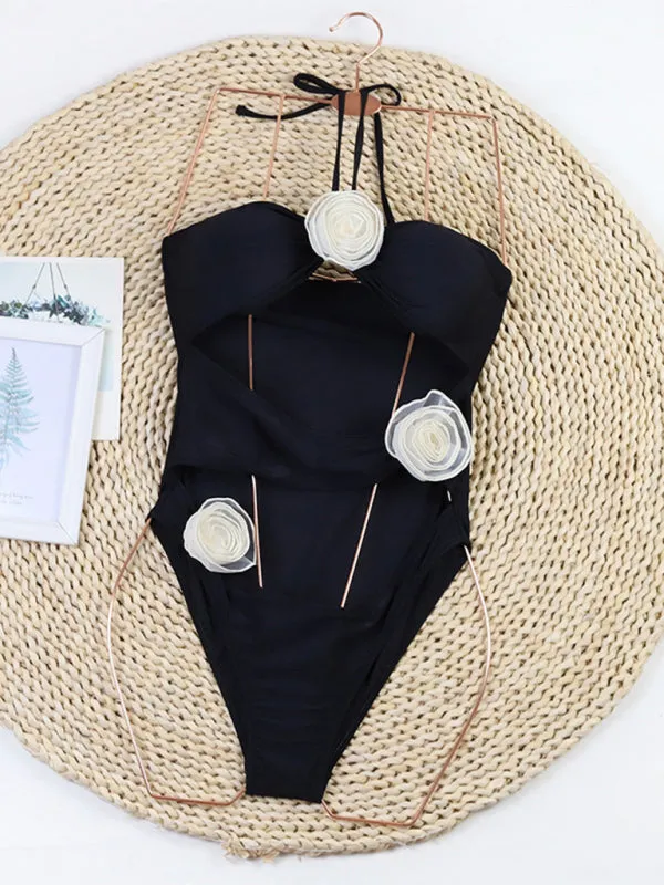 Solid One-Piece Strapless Swimsuit | Wireless Cutout Swimwear with Flower Applique