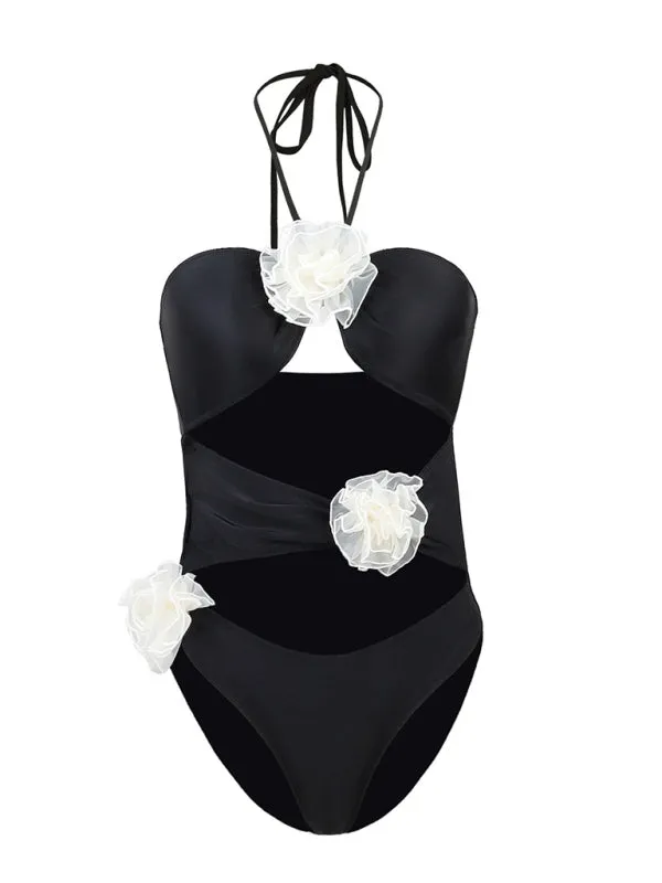 Solid One-Piece Strapless Swimsuit | Wireless Cutout Swimwear with Flower Applique