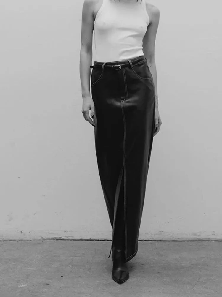 Solid Slimming Temperament Leather Skirts For Women High Waist Spliced Pockets Split Hem Skirt Female Fashion