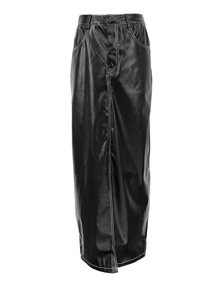 Solid Slimming Temperament Leather Skirts For Women High Waist Spliced Pockets Split Hem Skirt Female Fashion