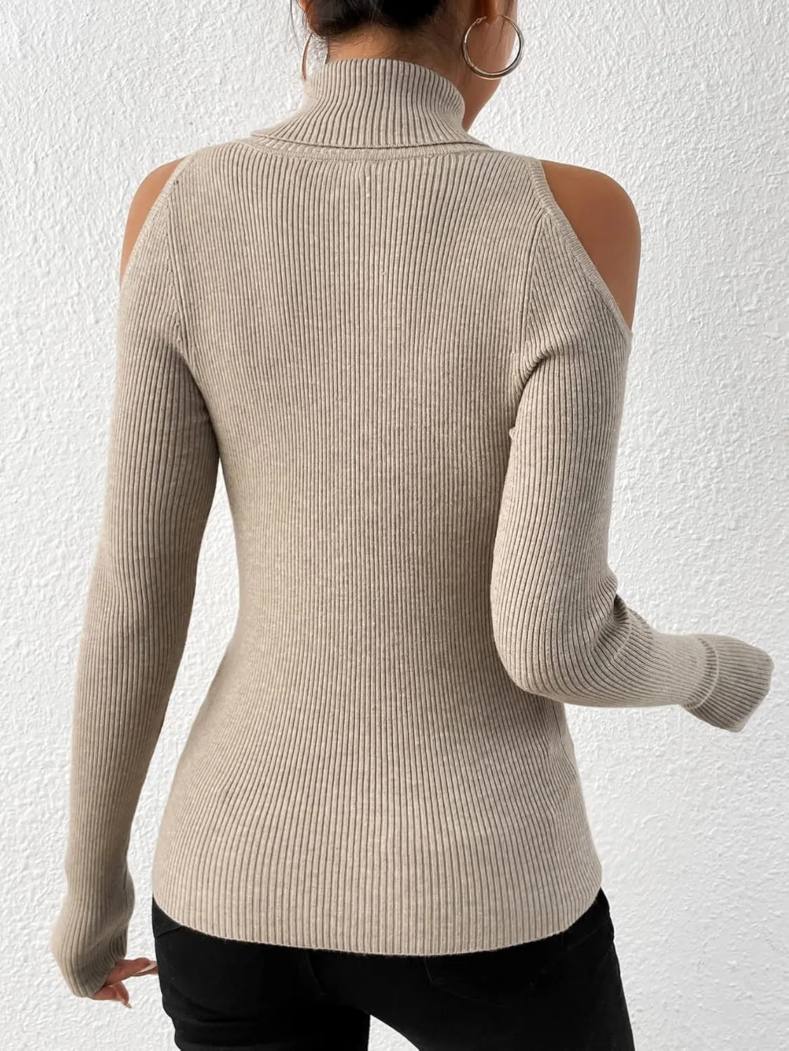 SOLY HUX Women's Cold Shoulder Sweater High Neck Long Sleeve Pullover Lightweight Ribbed Knit Jumper Tops