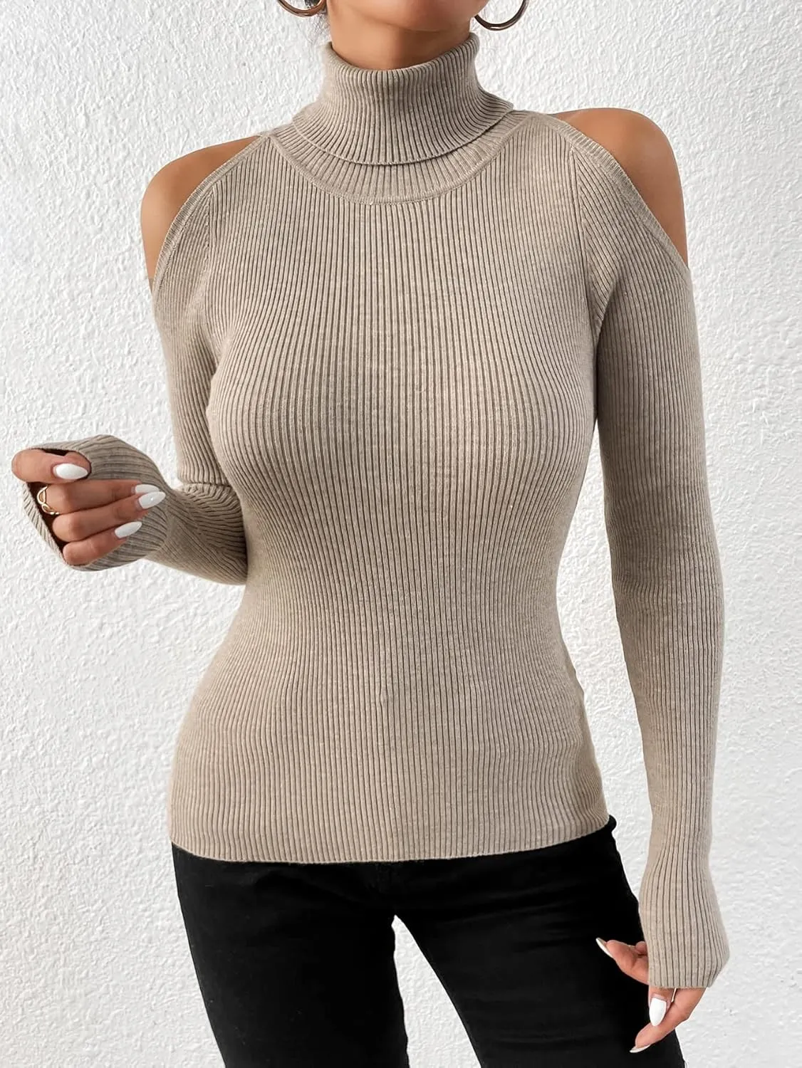 SOLY HUX Women's Cold Shoulder Sweater High Neck Long Sleeve Pullover Lightweight Ribbed Knit Jumper Tops