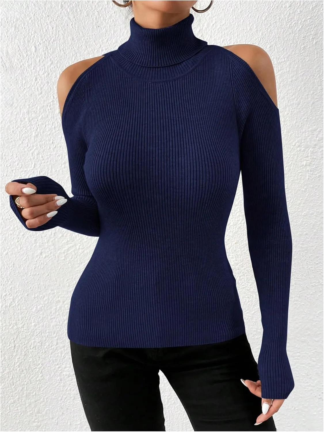 SOLY HUX Women's Cold Shoulder Sweater High Neck Long Sleeve Pullover Lightweight Ribbed Knit Jumper Tops
