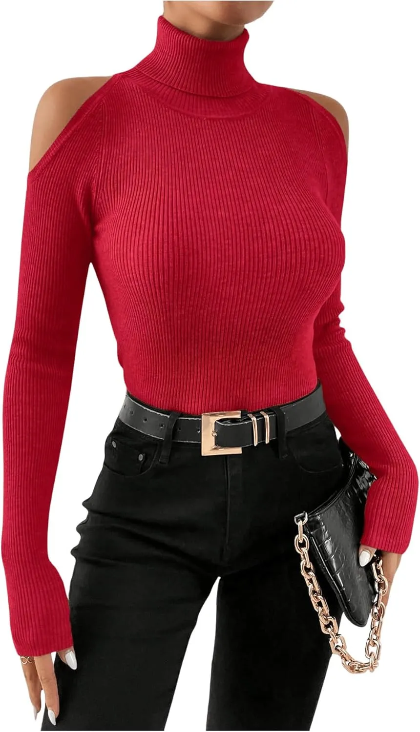 SOLY HUX Women's Cold Shoulder Sweater High Neck Long Sleeve Pullover Lightweight Ribbed Knit Jumper Tops