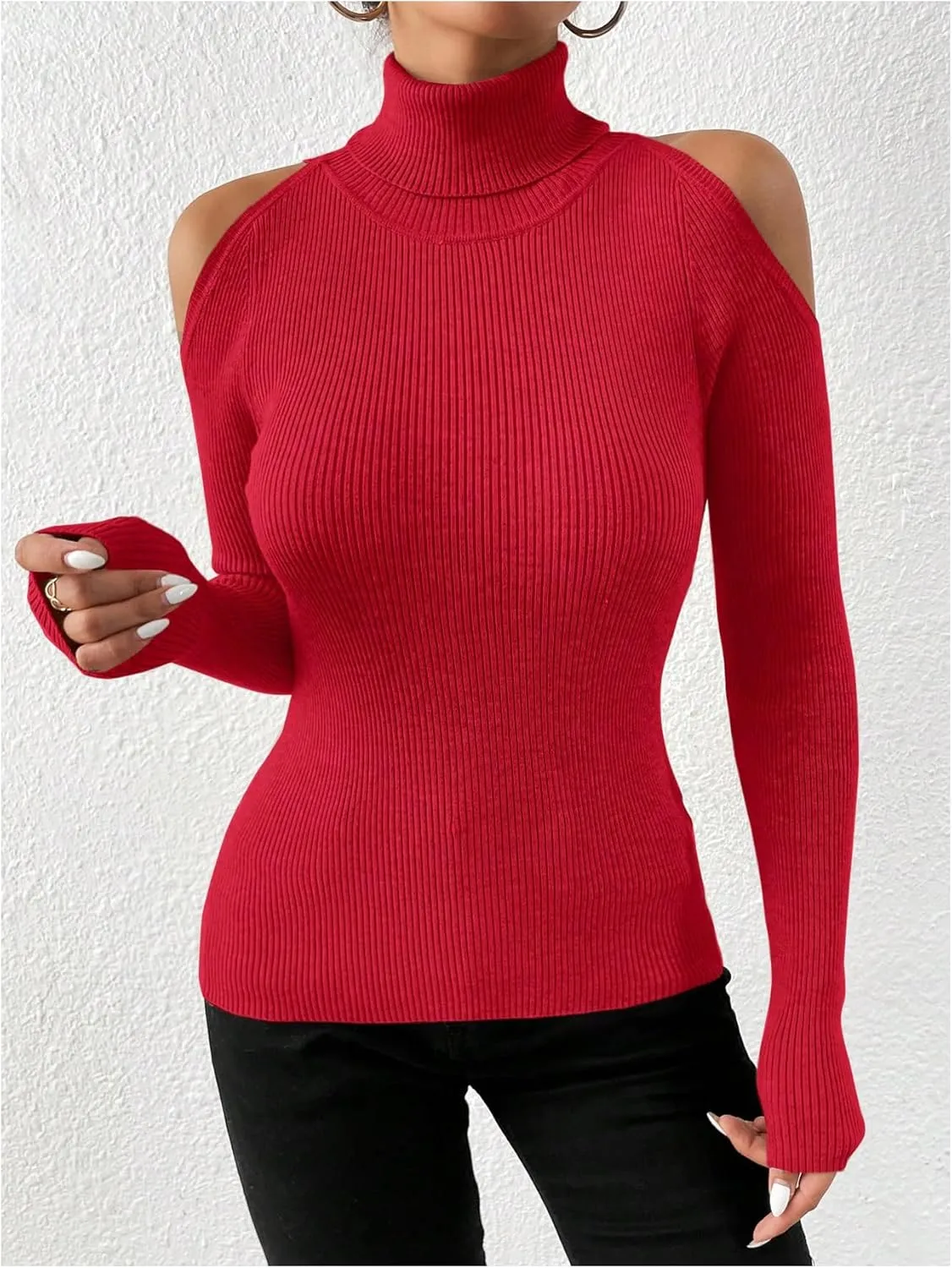 SOLY HUX Women's Cold Shoulder Sweater High Neck Long Sleeve Pullover Lightweight Ribbed Knit Jumper Tops