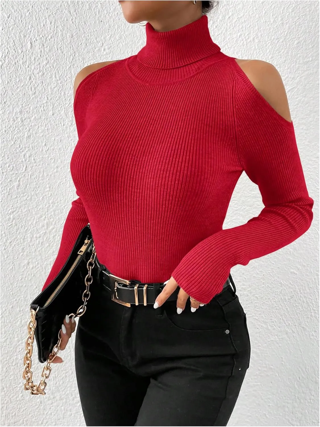 SOLY HUX Women's Cold Shoulder Sweater High Neck Long Sleeve Pullover Lightweight Ribbed Knit Jumper Tops
