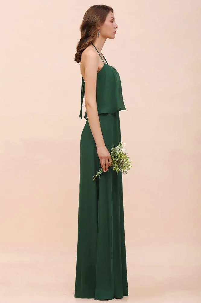 Spaghetti Chiffon Bridesmaid Dress Dark Green Maid of Honor Dress Floor Length