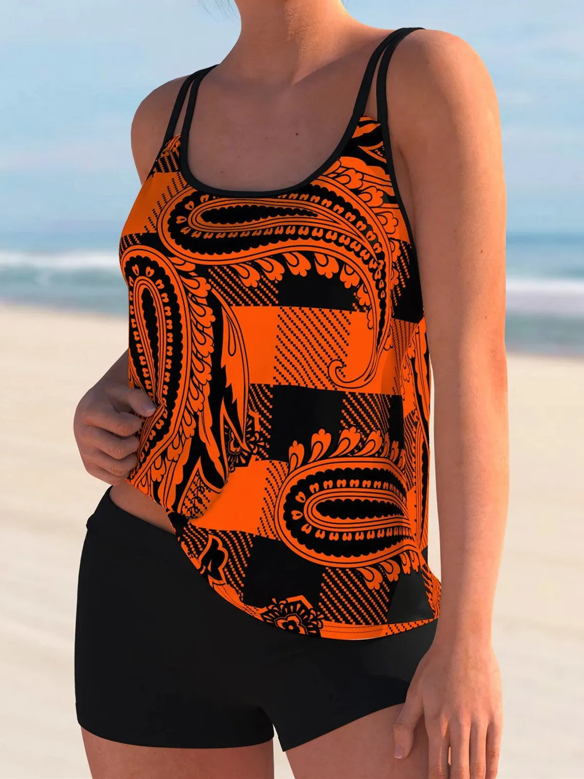 Spaghetti Strap Plaid And Paisley Print Tankini Set