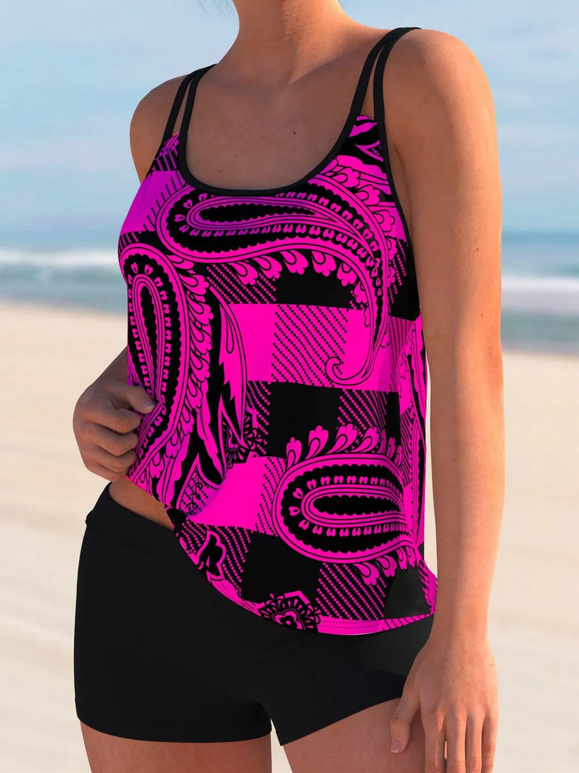 Spaghetti Strap Plaid And Paisley Print Tankini Set