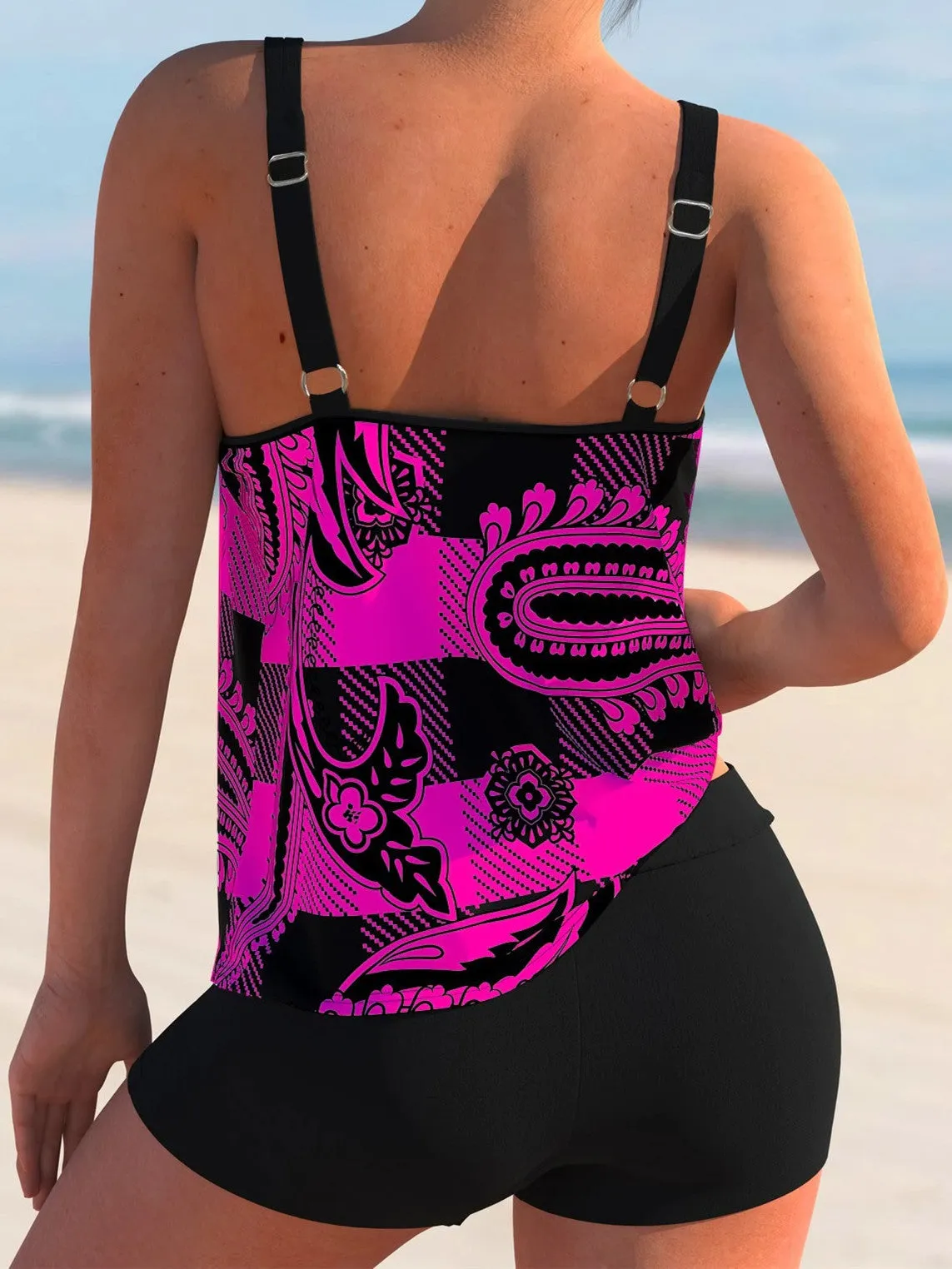 Spaghetti Strap Plaid And Paisley Print Tankini Set