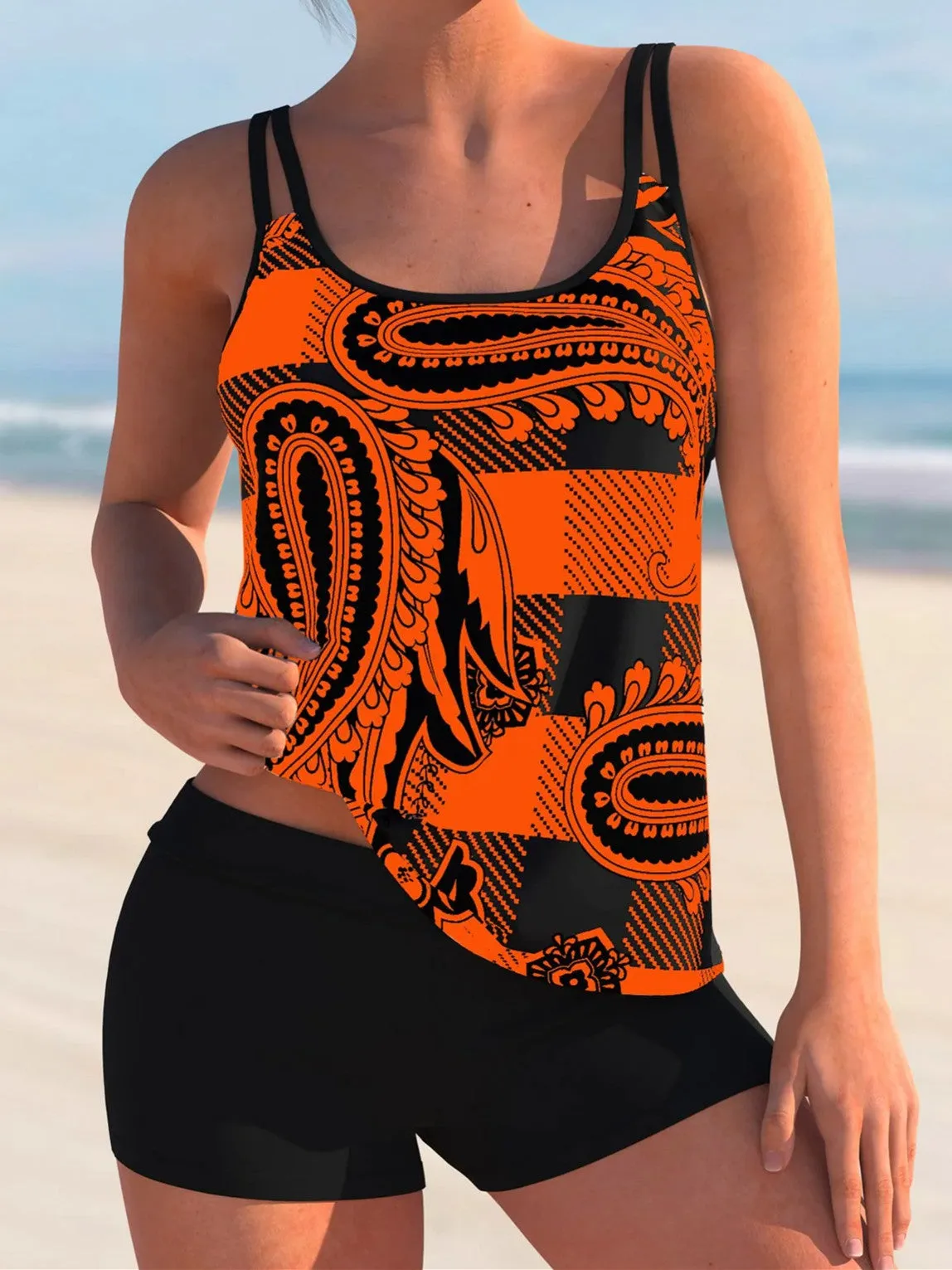 Spaghetti Strap Plaid And Paisley Print Tankini Set