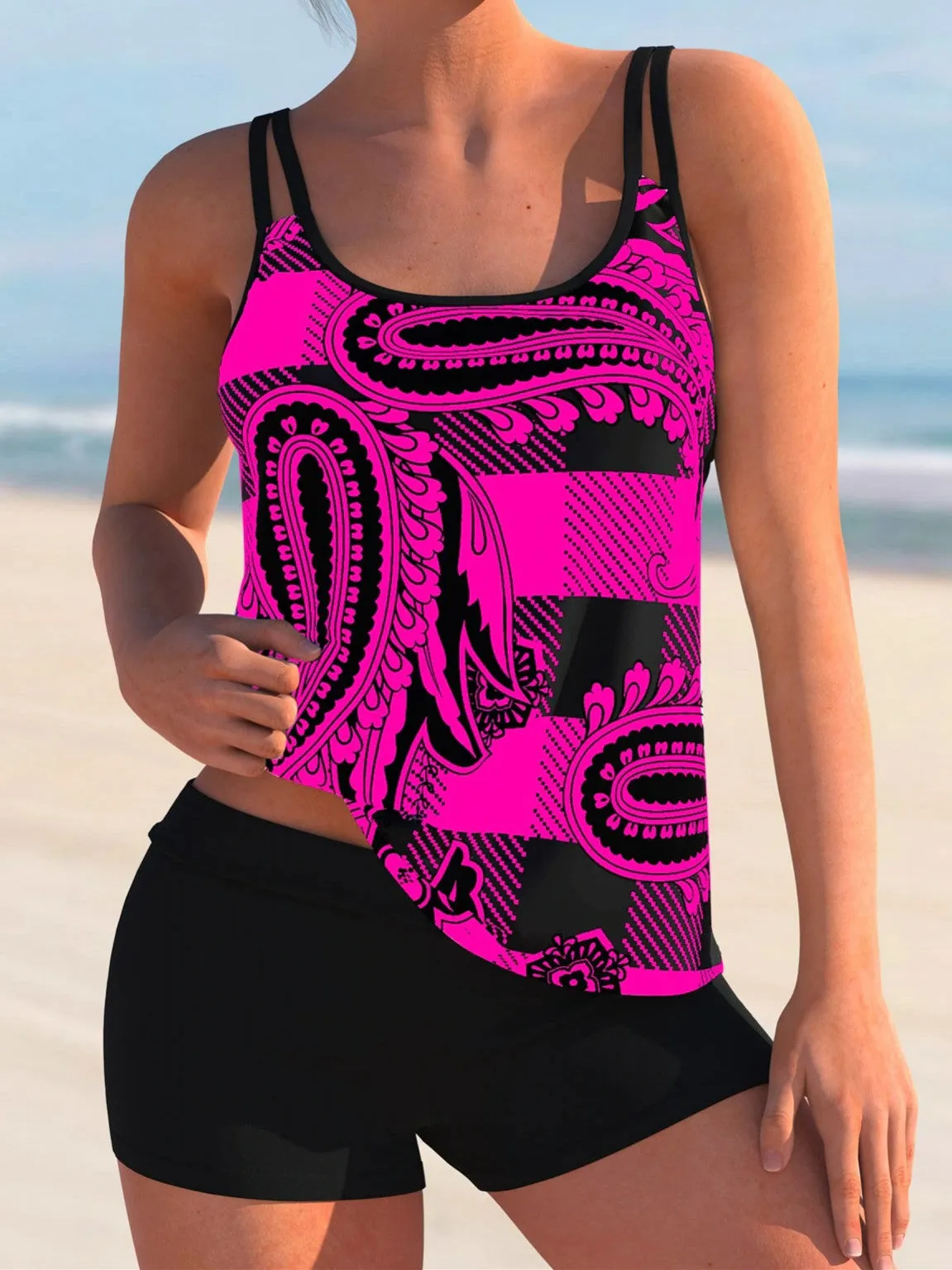 Spaghetti Strap Plaid And Paisley Print Tankini Set