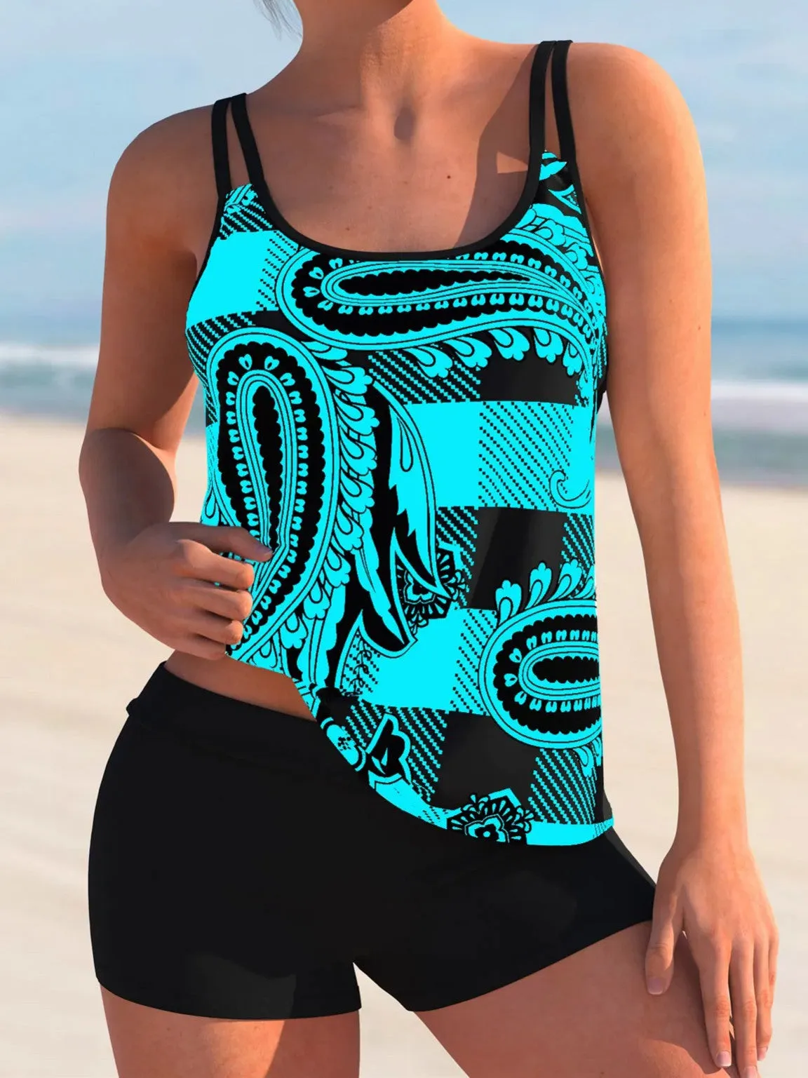 Spaghetti Strap Plaid And Paisley Print Tankini Set