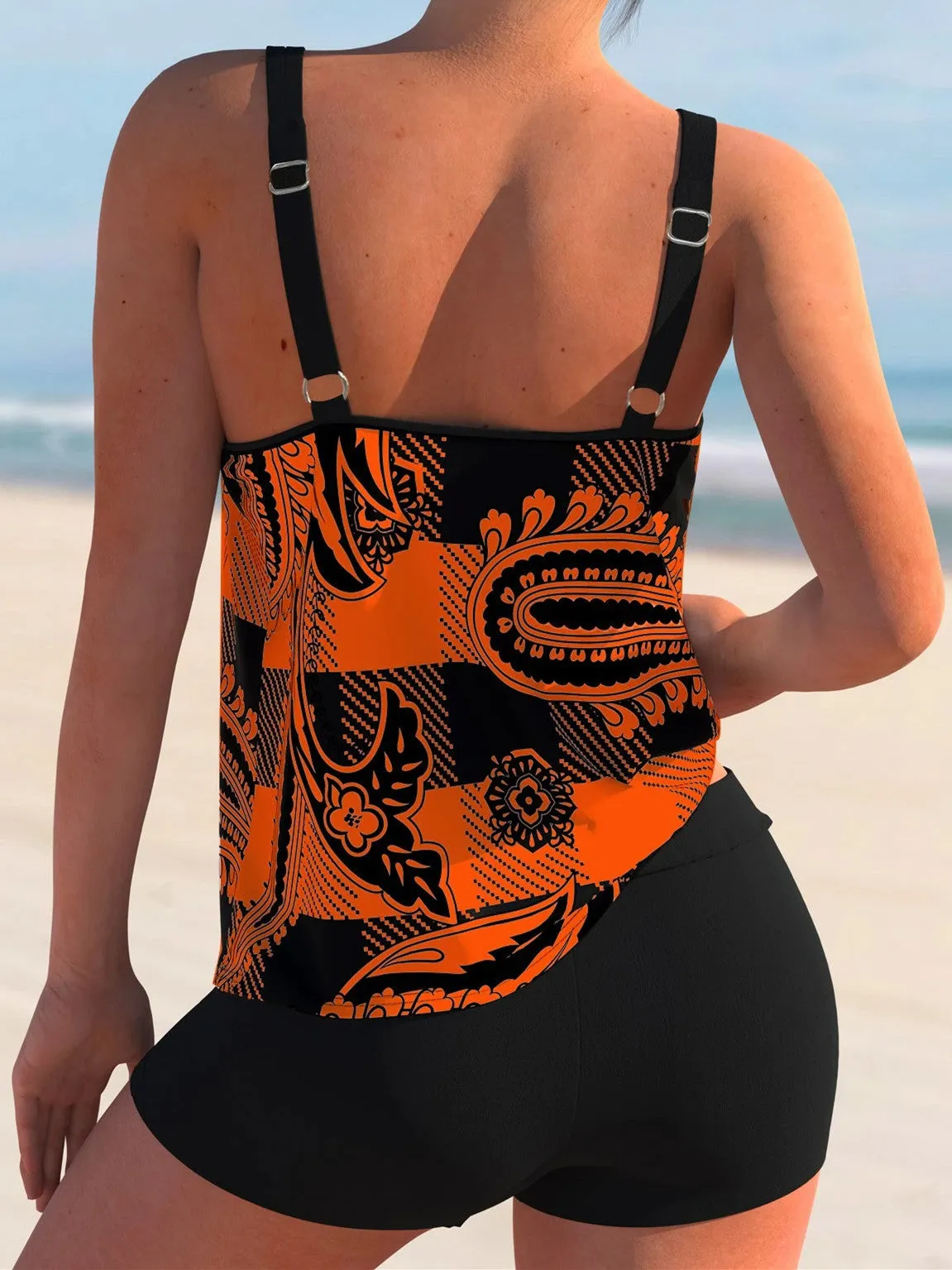 Spaghetti Strap Plaid And Paisley Print Tankini Set