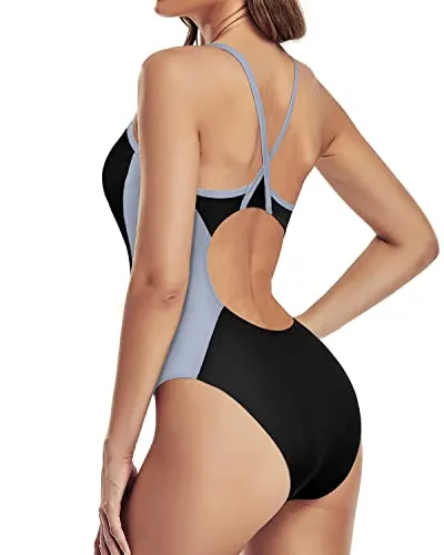 Spaghetti Strap Training Swimsuits For Women Sport Swimwear-Black And Grey