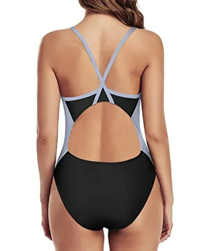 Spaghetti Strap Training Swimsuits For Women Sport Swimwear-Black And Grey