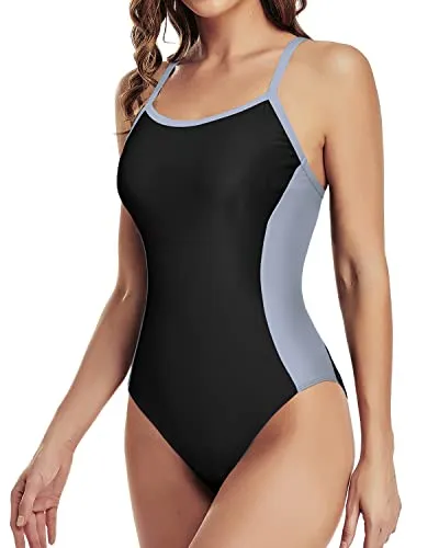 Spaghetti Strap Training Swimsuits For Women Sport Swimwear-Black And Grey