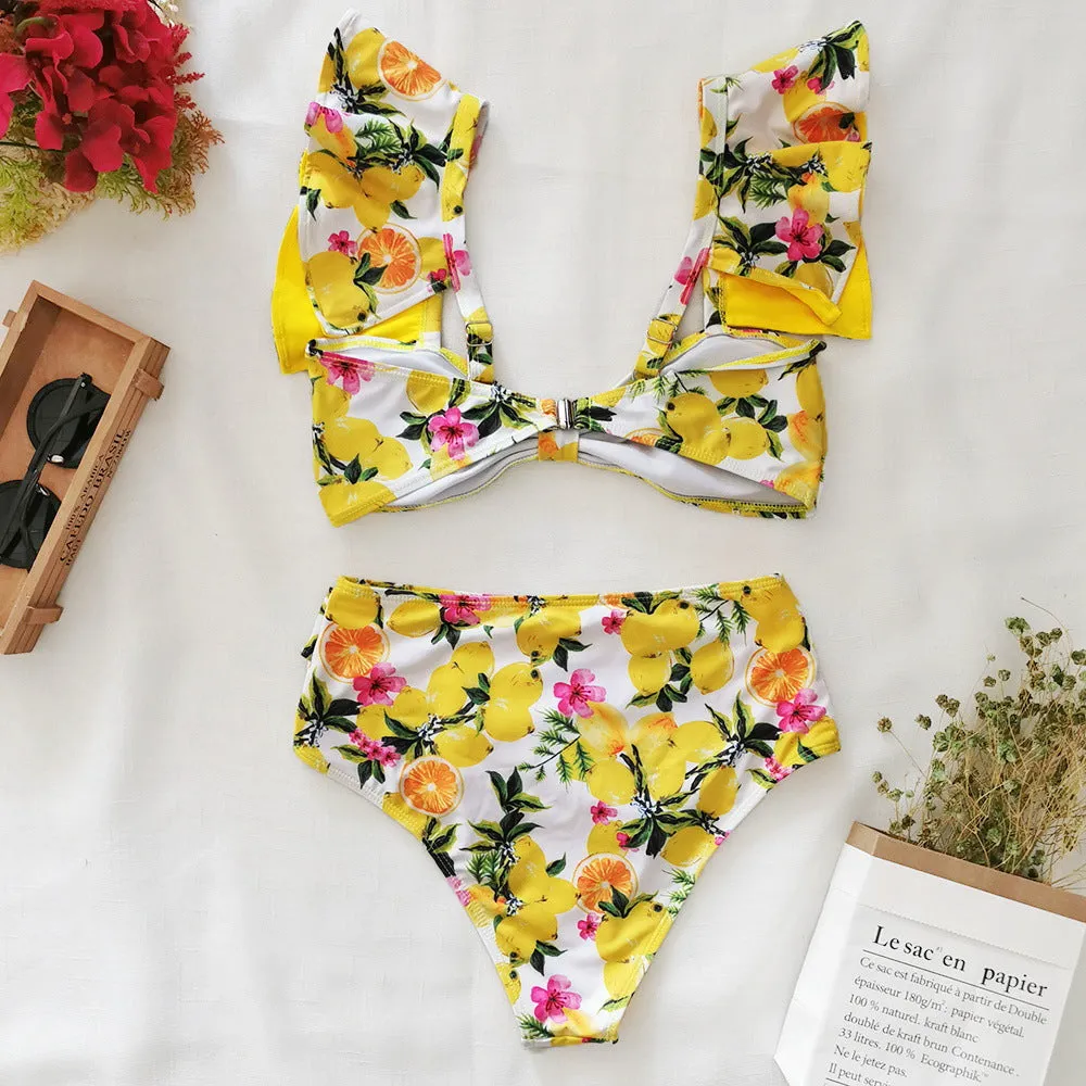 Split swimsuit women bikini ruffle sleeve bow knot floral print European style swimwear