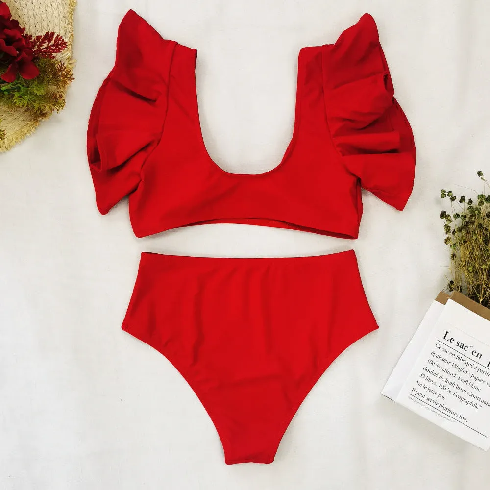 Split swimsuit women bikini ruffle sleeve bow knot floral print European style swimwear