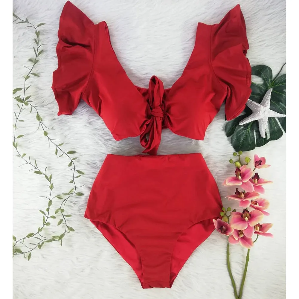 Split swimsuit women bikini ruffle sleeve bow knot floral print European style swimwear