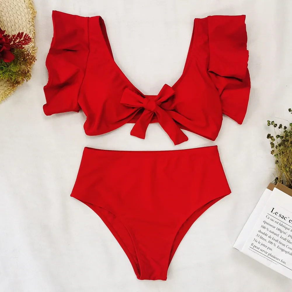 Split swimsuit women bikini ruffle sleeve bow knot floral print European style swimwear