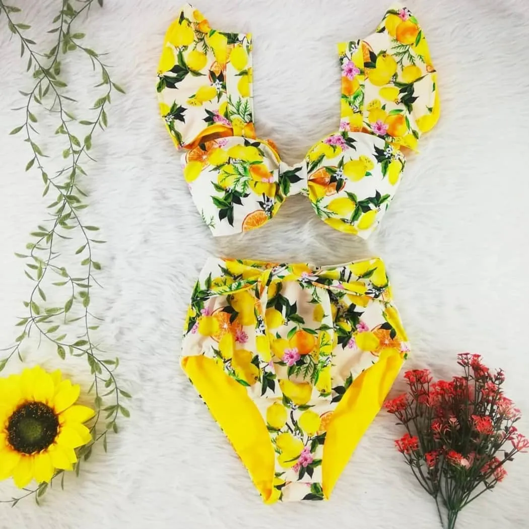 Split swimsuit women bikini ruffle sleeve bow knot floral print European style swimwear