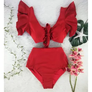 Split swimsuit women bikini ruffle sleeve bow knot floral print European style swimwear
