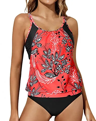 Sports Bra Tankini Swimsuits For Women Bathing Suits For Teen-Red Floral