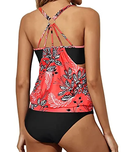 Sports Bra Tankini Swimsuits For Women Bathing Suits For Teen-Red Floral