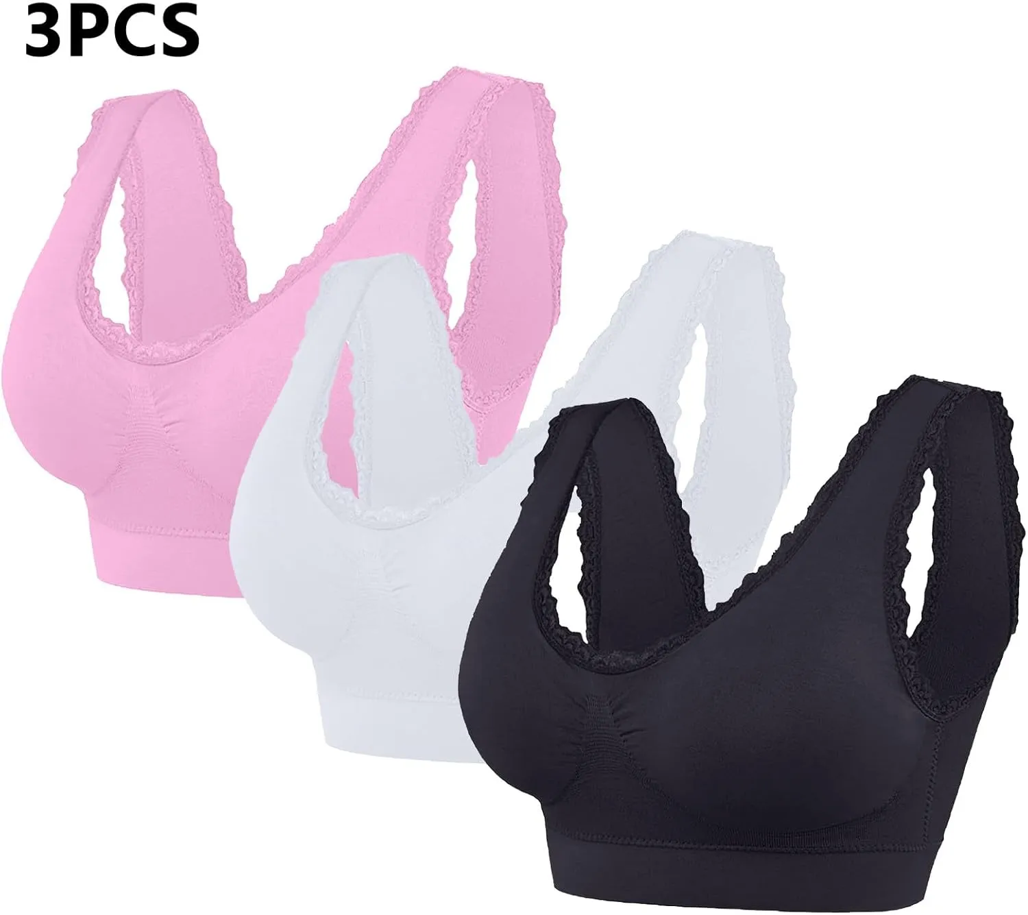 Sports Bras for Women No Underwire Push Up Comfortable Breathable Bra High Impact Wirefree Lace Trim Bralettes 3PC