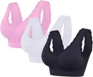 Sports Bras for Women No Underwire Push Up Comfortable Breathable Bra High Impact Wirefree Lace Trim Bralettes 3PC