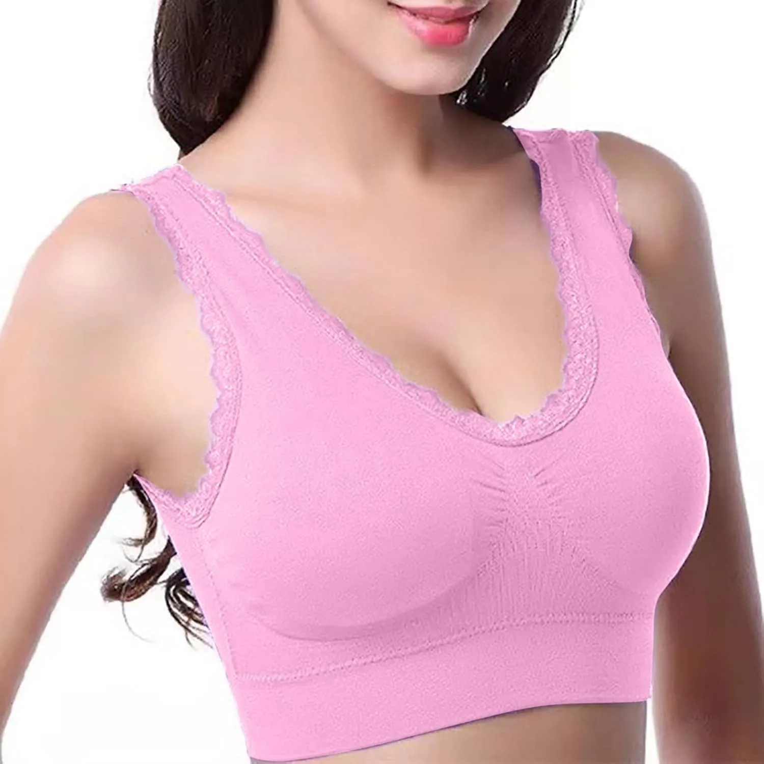 Sports Bras for Women No Underwire Push Up Comfortable Breathable Bra High Impact Wirefree Lace Trim Bralettes 3PC