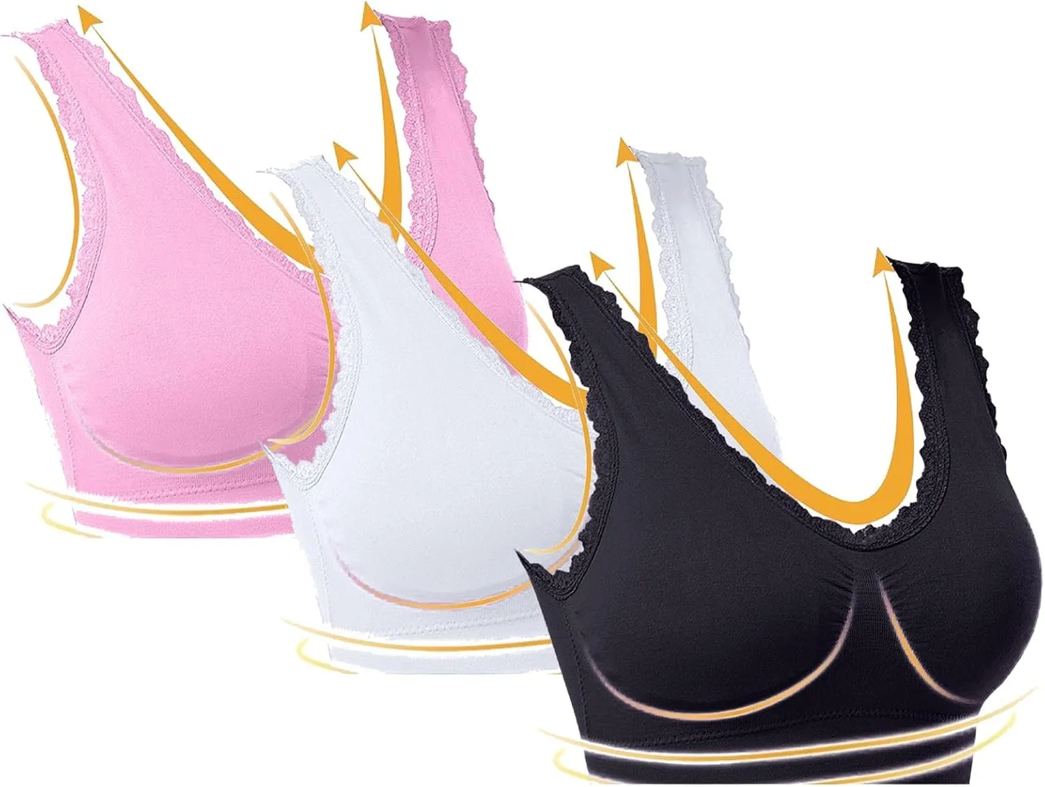 Sports Bras for Women No Underwire Push Up Comfortable Breathable Bra High Impact Wirefree Lace Trim Bralettes 3PC