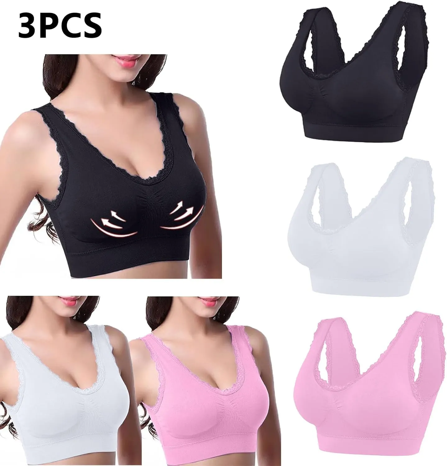 Sports Bras for Women No Underwire Push Up Comfortable Breathable Bra High Impact Wirefree Lace Trim Bralettes 3PC