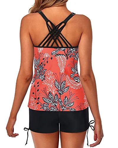 Sporty High Waisted Boy Shorts Bathing Suits-Red Floral