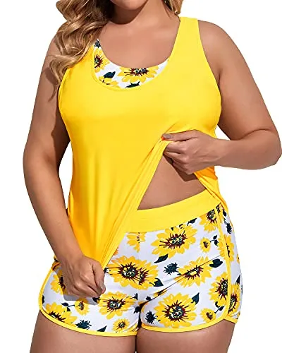 Sporty Plus Size 3 Piece Tankini Swimming Outfits For Women-Yellow And Sunflower