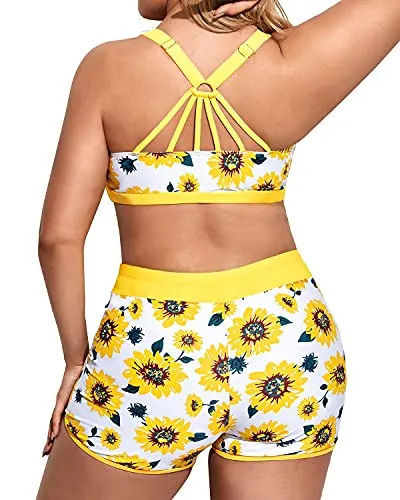 Sporty Plus Size 3 Piece Tankini Swimming Outfits For Women-Yellow And Sunflower