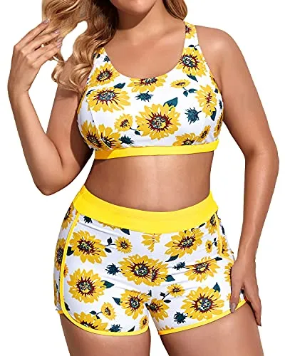 Sporty Plus Size 3 Piece Tankini Swimming Outfits For Women-Yellow And Sunflower
