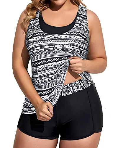 Sporty Plus Size 3 Piece Tankini Swimsuits Athletic Bathing Suits-Black Tribal