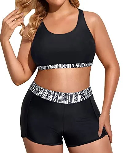 Sporty Plus Size 3 Piece Tankini Swimsuits Athletic Bathing Suits-Black Tribal